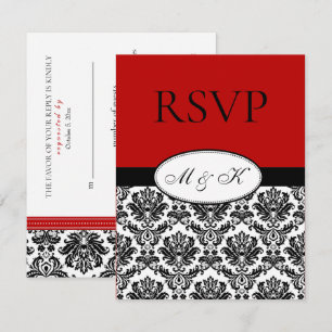 Black White Red Damask RSVP Card