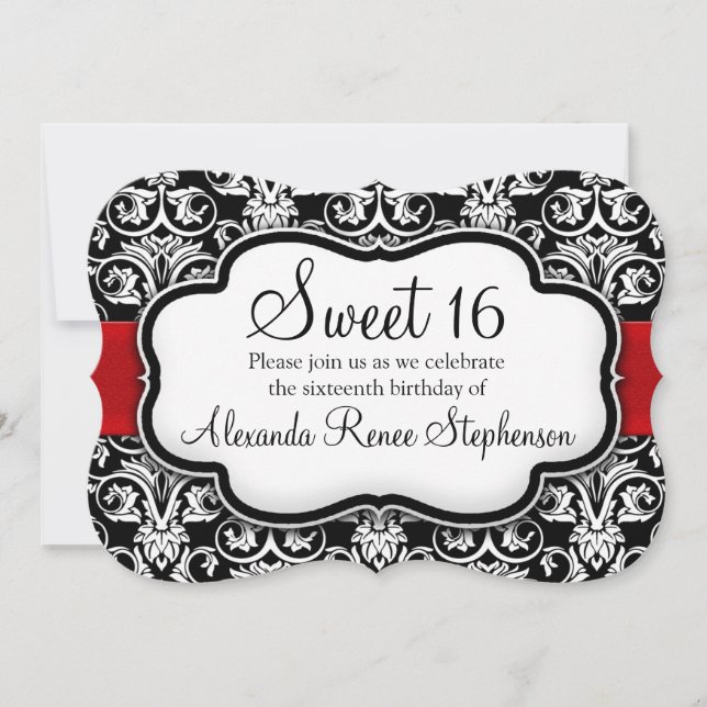 Black/White/Red Damask Shaped Sweet 16 Girls Party Invitation (Front)