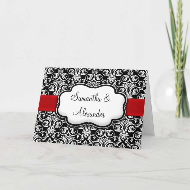 Black/White/Red Damask Wedding Invitation Folded (Front)
