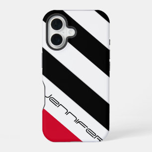 Black White Red Diagonal Stripe, Name, Minimalist  iPhone 16 Case