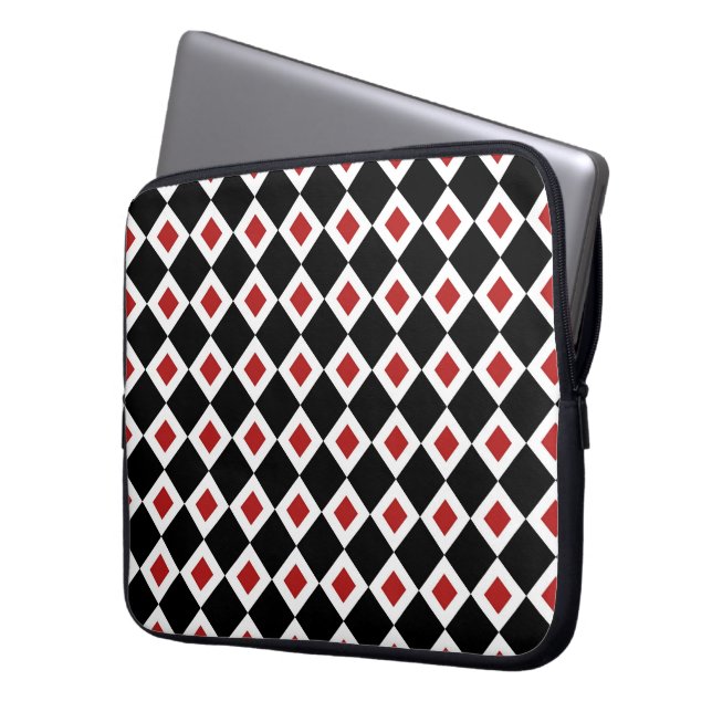 Black, White, Red Diamond Pattern Laptop Sleeve (Front Left)