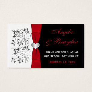 Black, White, Red Floral, Heart Wedding Favour Tag