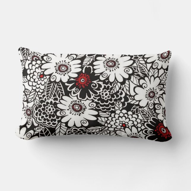 Black/White/Red Floral Lumbar Cushion (Front)