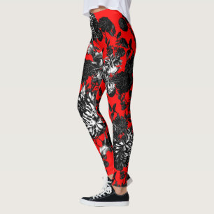 Black White Red Floral Toile Flower Garden Leggings