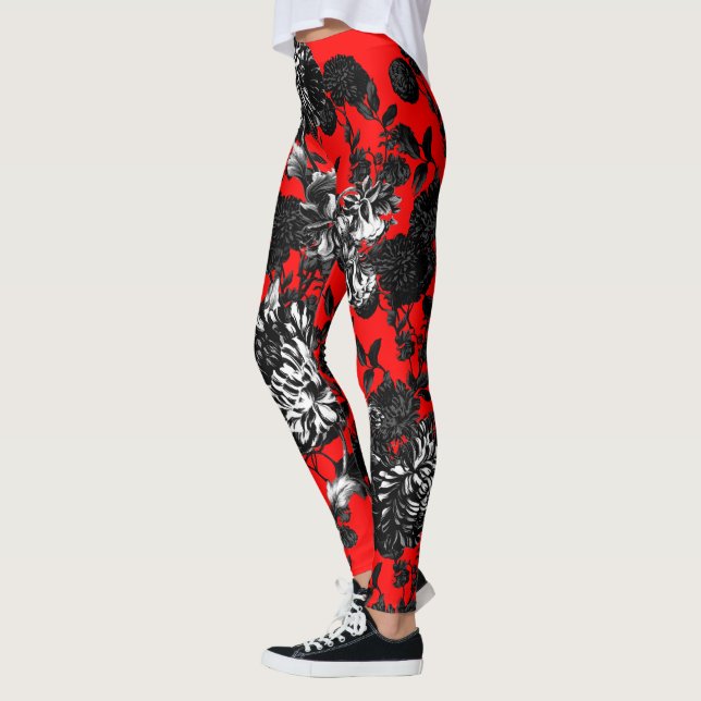 Black White Red Floral Toile Flower Garden Leggings (Left)