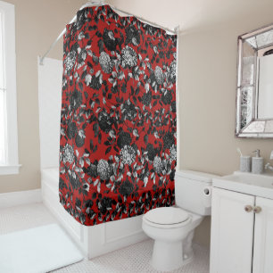 Black White Red Floral Toile Garden Shower Curtain