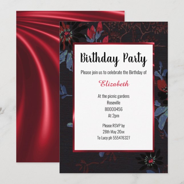 BLACK WHITE RED FLORAL TREE SATIN BIRTHDAY INVITATION (Front/Back)