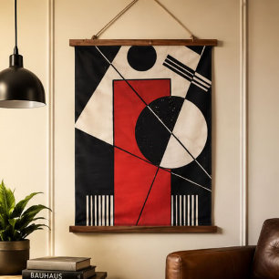 Black White Red Geometric Abstract Mid Century Hanging Tapestry