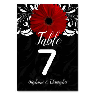 Black White Red Gerbera Daisy Wedding Table Number