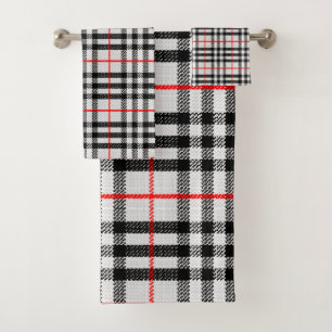 Black White Red Gingham Classic Chequered Fabric Bath Towel Set
