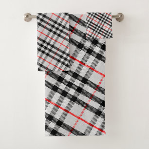 Black White Red Gingham Classic Chequered Fabric Bath Towel Set
