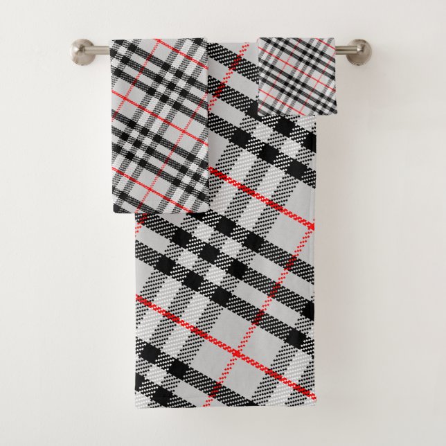 Black White Red Gingham | Classic Chequered Fabric Bath Towel Set (Insitu)