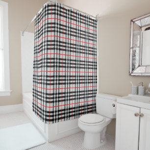 Black White Red Gingham Classic Chequered Fabric Shower Curtain