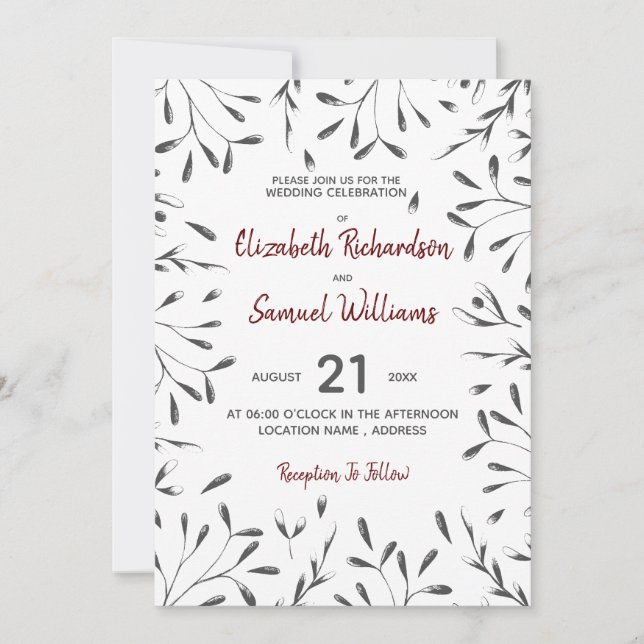 Black, white red graphic floral Wedding Invitation (Front)