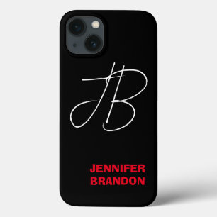 Black White Red Handwriting Monogram Add Name iPhone 13 Case