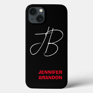 Black White Red Handwriting Monogram Add Name iPhone 13 Case