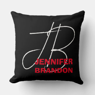 Black White Red Handwriting Monogram Add Name Cushion