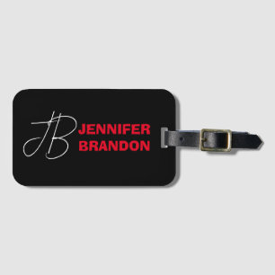 Black White Red Handwriting Monogram Add Name Luggage Tag