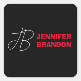 Black White Red Handwriting Monogram Add Name Square Sticker