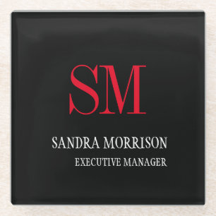 Black White Red Handwriting Monogram Minimalist Glass Coaster