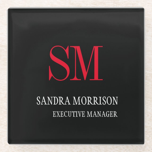 Black White Red Handwriting Monogram Minimalist Glass Coaster (Front)