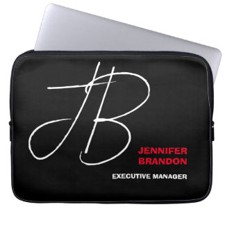 Black White Red Handwriting Monogram Minimalist Laptop Sleeve