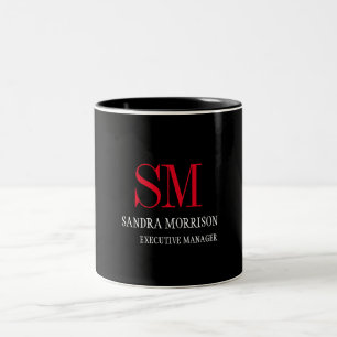 Black White Red Handwriting Monogram Minimalist Two-Tone Coffee Mug