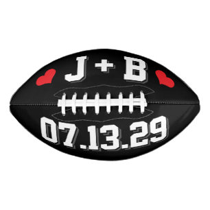 BLACK WHITE & RED HEARTS Wedding Initials and Date American Football