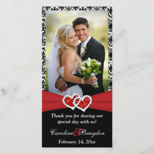 Black White Red Joined Hearts Wedding Photocard Thank You Card