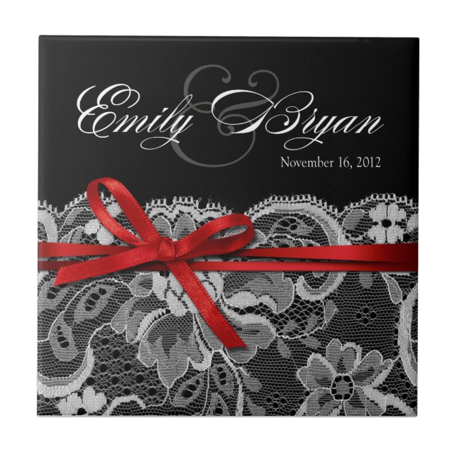 Black White Red Lace  Keepsake Wedding Favour Tile (Front)