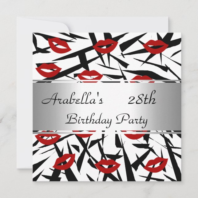 Black White Red Lips Invite Birthday Party (Front)