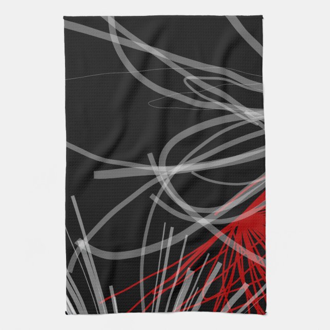 Black White & Red Modern Abstract Ribbons Tea Towel (Vertical)