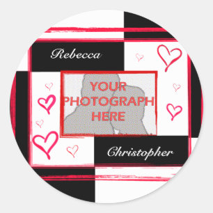 Black white red modern love heart photo frame classic round sticker