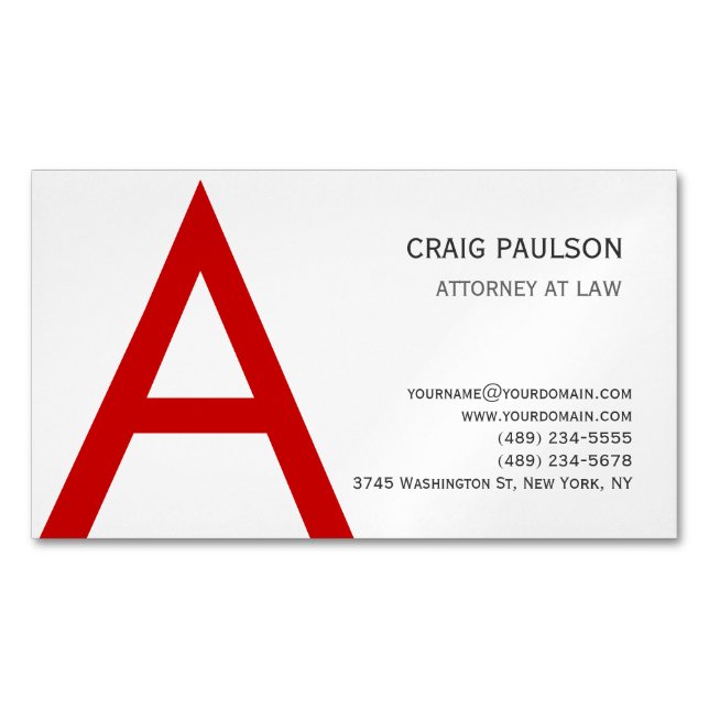 Black White Red Monogram Initial Letter Attorney Magnetic Business Card (Front)