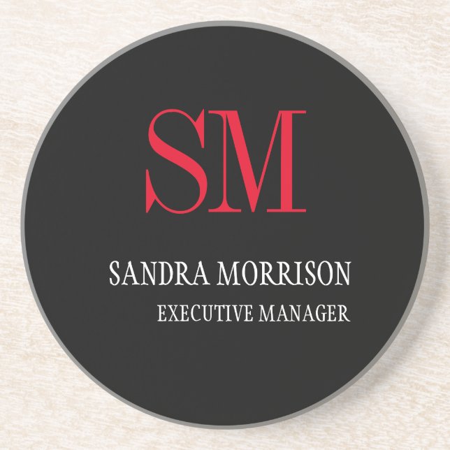Black White Red Monogram Minimalist Coaster (Front)