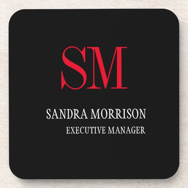 Black White Red Monogram Minimalist Coaster (Front)