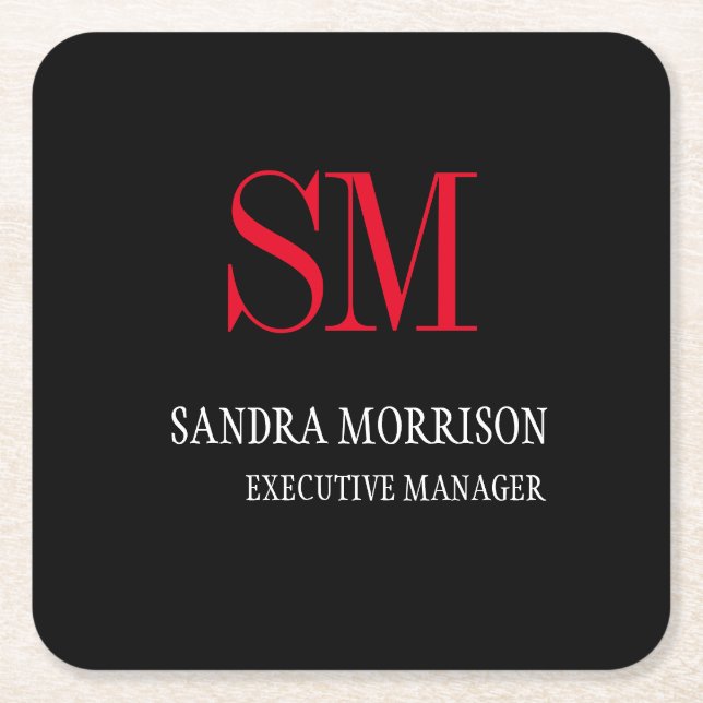 Black White Red Monogram Minimalist Square Paper Coaster (Front)