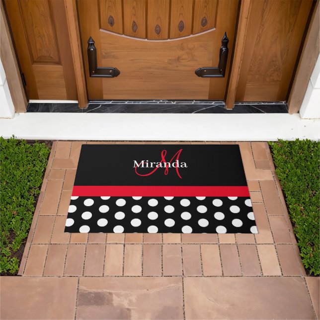 Black White Red Monogram Script Polk Doormat (Outdoor)
