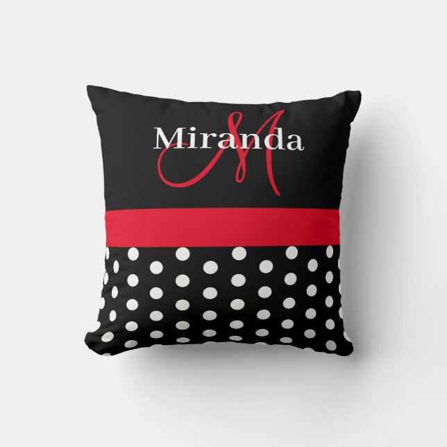 Black White Red Monogram Script Polka Dots Cushion (Front)