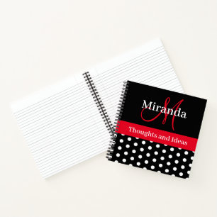 Black White Red Monogram Script Polka Dots Notebook