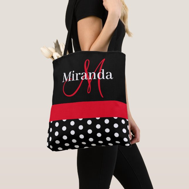 Black White Red Monogram Script Polka Dots Tote Bag (Close Up)