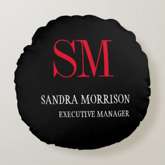 Black White Red Monogrammed Minimalist Round Cushion