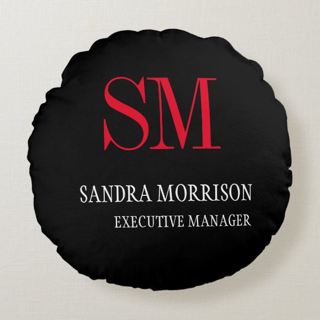 Black White Red Monogrammed Minimalist Round Cushion (Front)