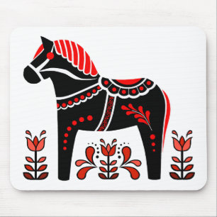 Black/white/red Nordic Folk Dala horse/Friesian Mouse Mat
