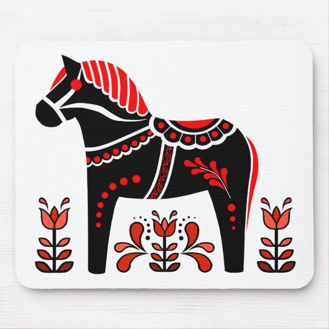 Black/white/red Nordic Folk Dala horse/Friesian Mouse Mat (Front)