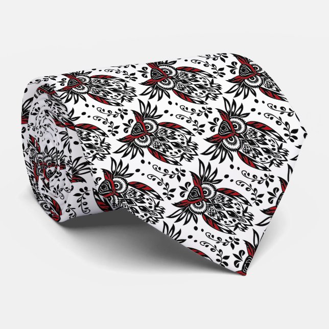 Black White Red  Owl Bird Nature Wildlife Art Tie (Rolled)