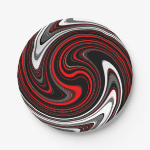Black White Red Paint Swirl Paper Plate