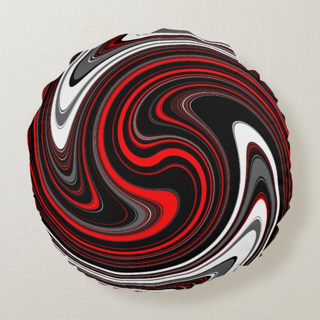 Black White Red Paint Swirl Round Cushion (Back)