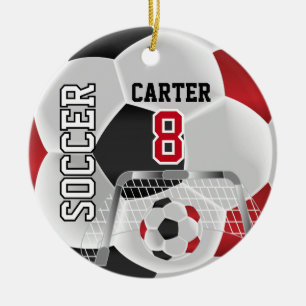Black, White & Red Personalise Soccer ⚽💖 Ceramic Tree Decoration