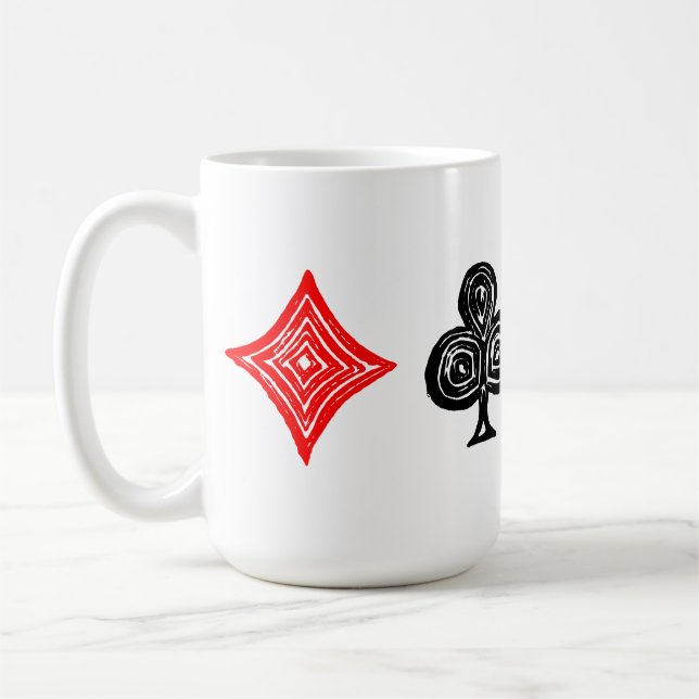 Black/White/Red Playing Card All Symbols Lino Cut Coffee Mug (Left)